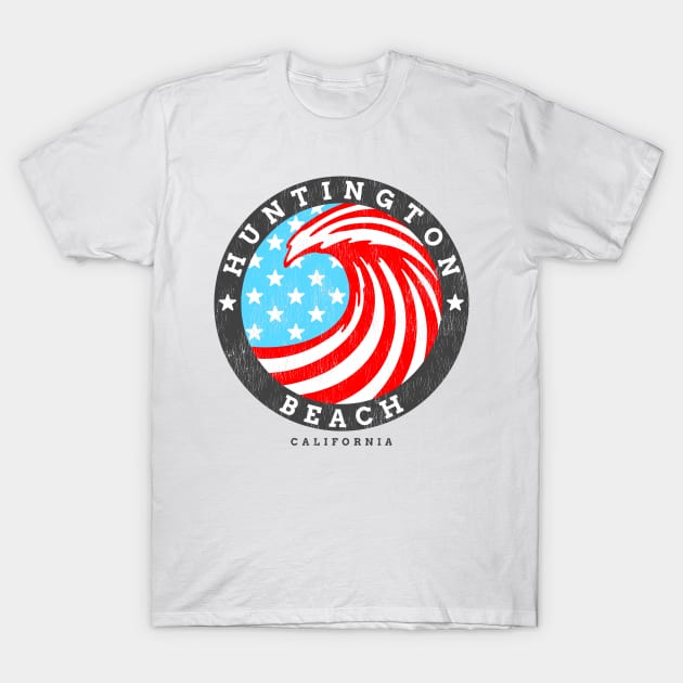 Huntington Beach, CA Summertime Patriotic 4th Pride Surfing T-Shirt by Contentarama